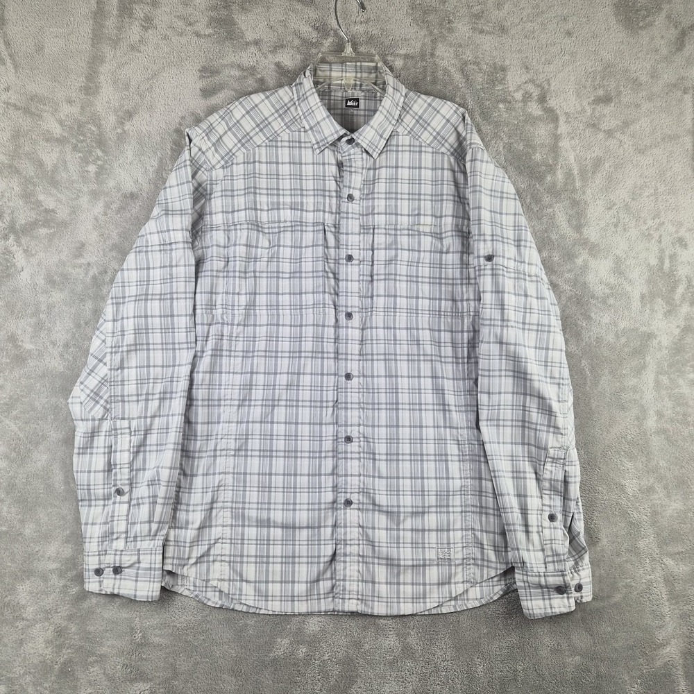 REI Mens Hiking Shirt Medium Gray Plaid Stretch Long Sleeve Roll Tab Outdoor - Picture 1 of 12